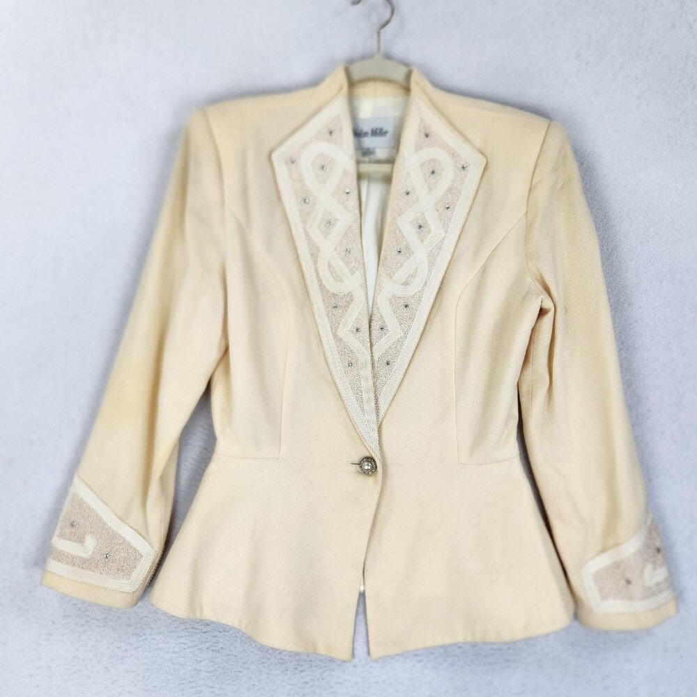 Nolan Miller Jacket Womens 10 Cream Yellow Vintage Wool Beaded Peplum Blazer